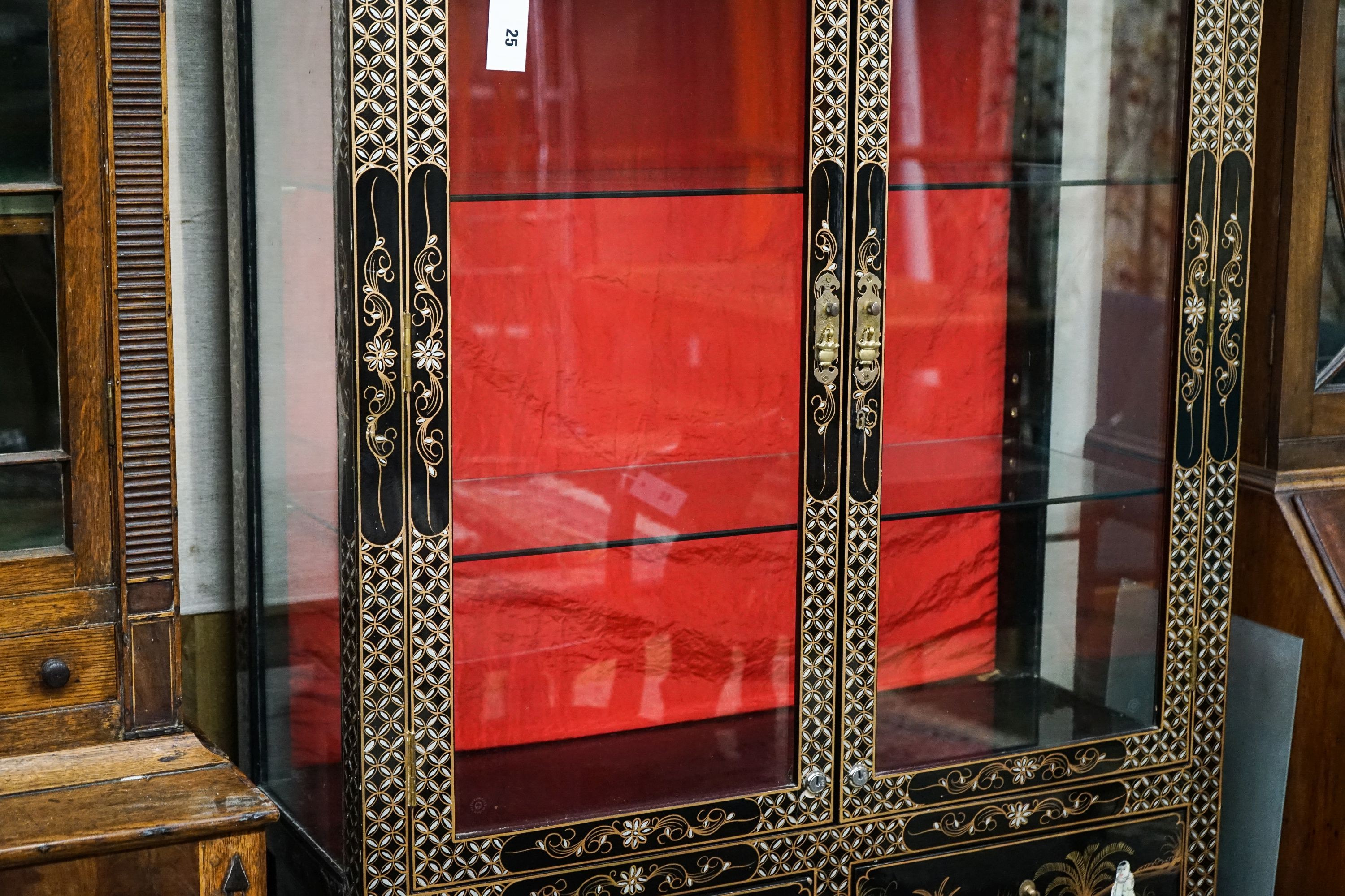 A Chinese style chinoiserie lacquer display cabinet with faux hardstone decoration, width 95cm, depth 38cm, height 183cm